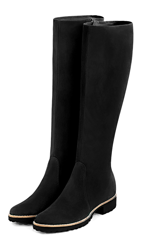 Matt black women's riding knee-high boots. Round toe. Flat rubber soles. Made to measure. Front view - Florence KOOIJMAN